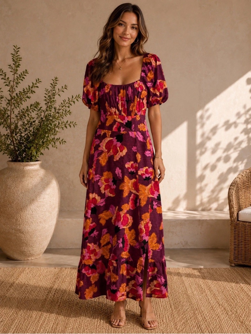 Clover and Sloane Floral Printed Puff-Sleeve Smocked Waist Maxi Dress in Plum 6P